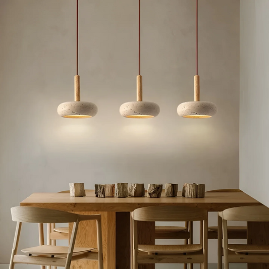 Retro Japanese LED Pendant Light - Adjustable Height Cave Stone and Wood Hanging Lamp - Ø 15cm, Cord up to 2m, Easy Installation