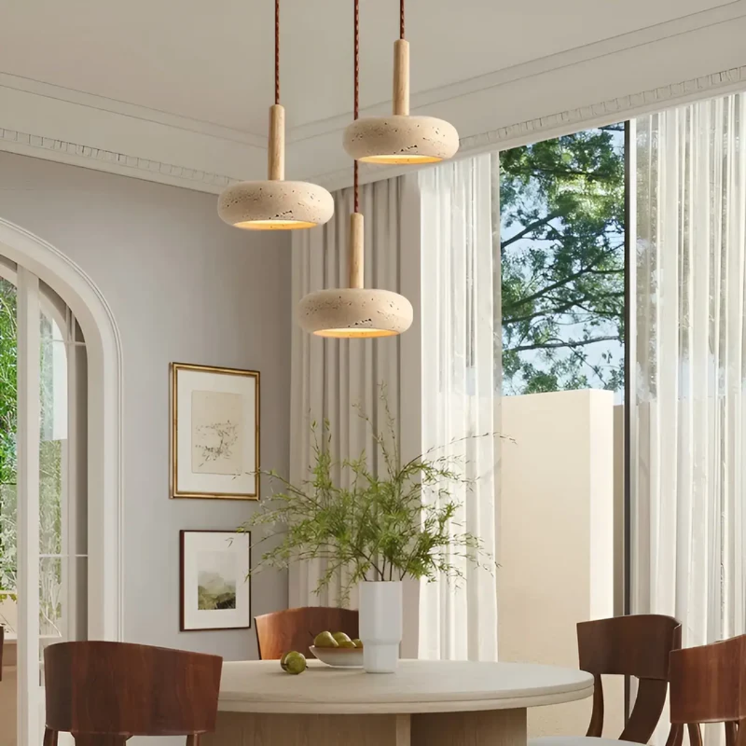 Retro Japanese LED Pendant Light - Adjustable Height Cave Stone and Wood Hanging Lamp - Ø 15cm, Cord up to 2m, Easy Installation