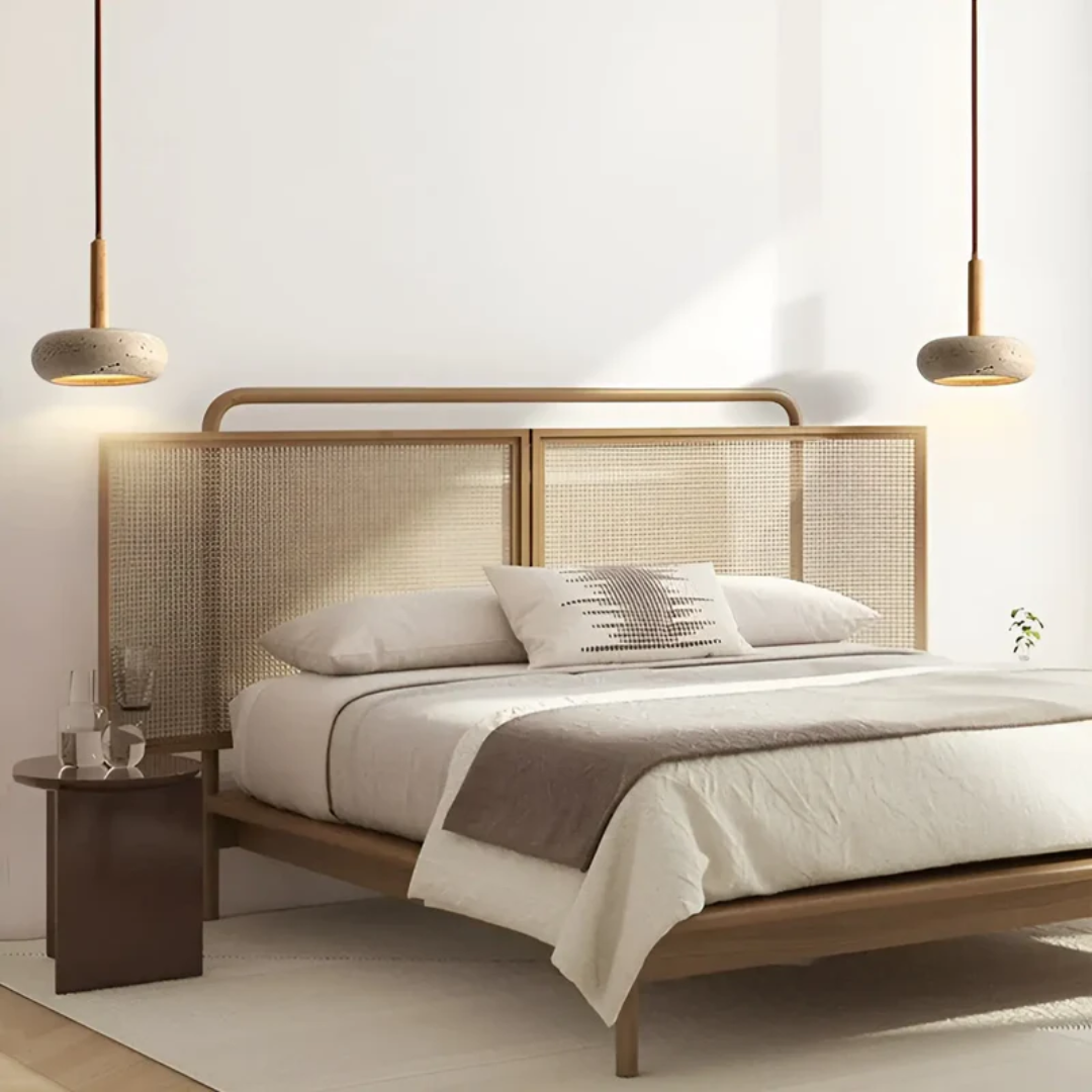 Retro Japanese LED Pendant Light - Adjustable Height Cave Stone and Wood Hanging Lamp - Ø 15cm, Cord up to 2m, Easy Installation