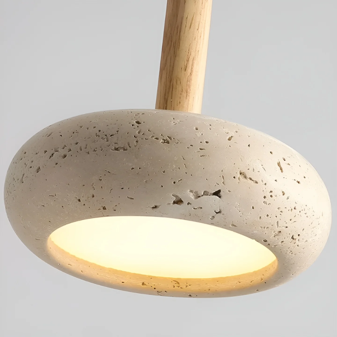 Retro Japanese LED Pendant Light - Adjustable Height Cave Stone and Wood Hanging Lamp - Ø 15cm, Cord up to 2m, Easy Installation