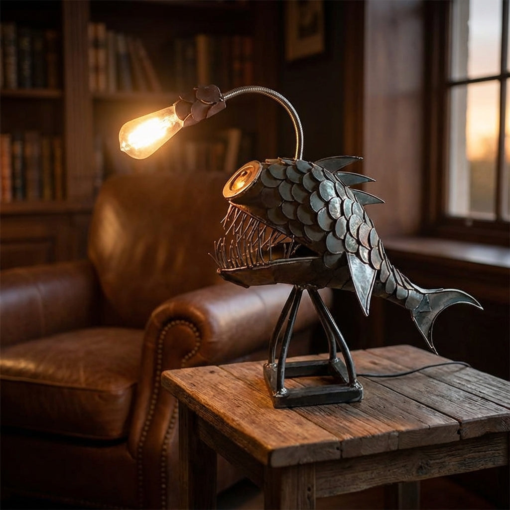 Retro Table Lamp with Adjustable Shade and Sculptural Fish Silhouette for Living Rooms and Desks