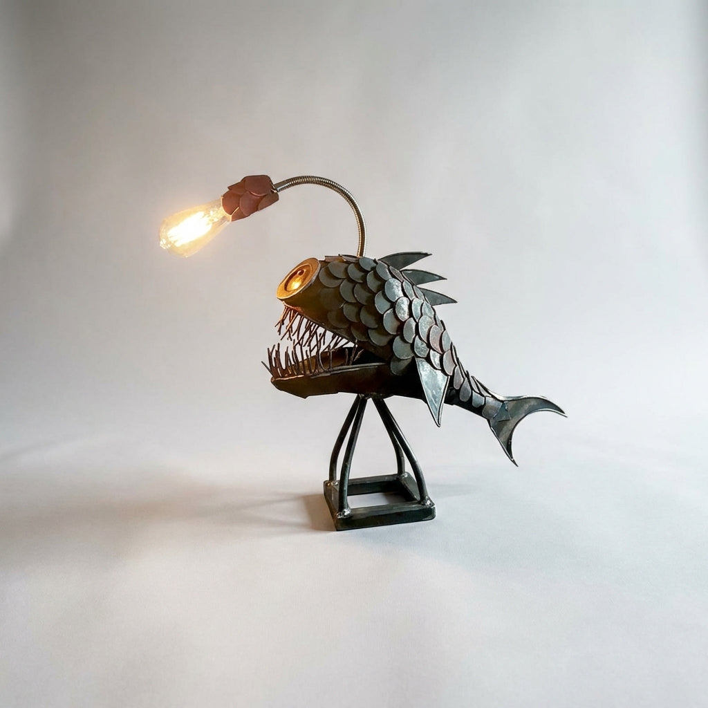 Retro Table Lamp with Adjustable Shade and Sculptural Fish Silhouette for Living Rooms and Desks