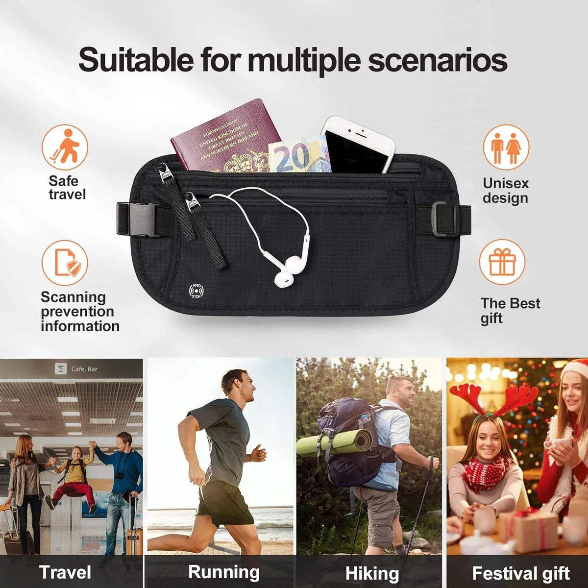 RFID-Blocking Money Belt with Hidden Security Compartment for Men and Women