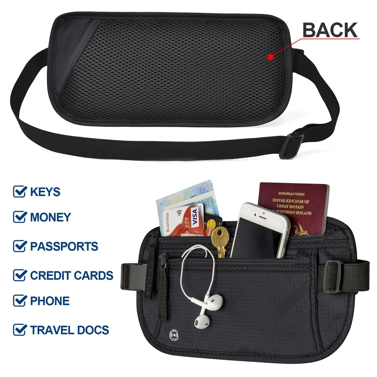 RFID-Blocking Money Belt with Hidden Security Compartment for Men and Women