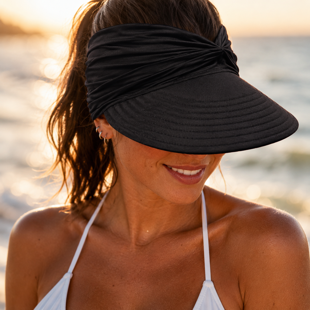 Ruched UPF 50+ Wide-Brim Sun Visor for Women, Packable