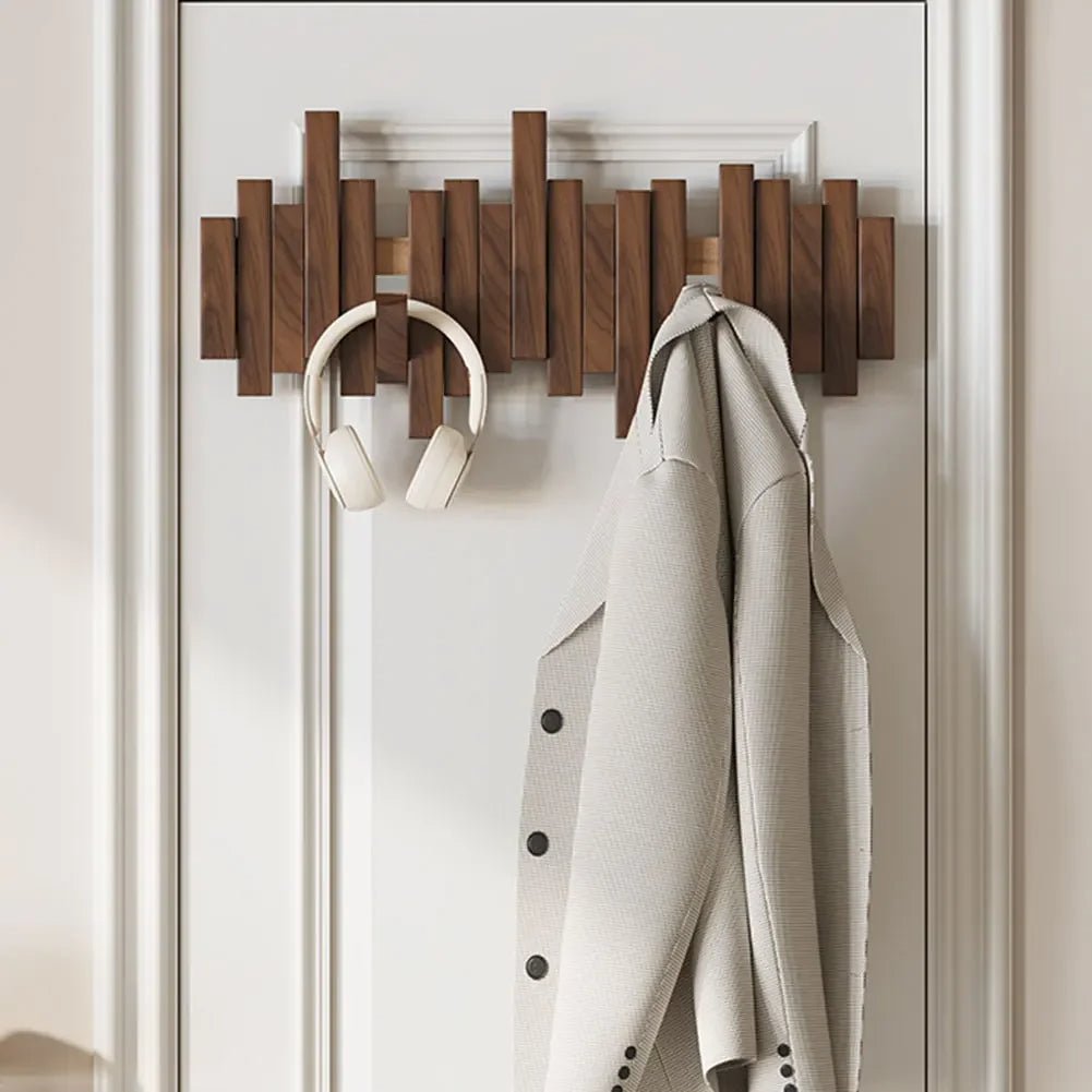 Scandinavian Wooden Wall-Mounted Coat Rack with Magnetic Folding Hooks, 4 to 10 Hooks, Ash or Walnut