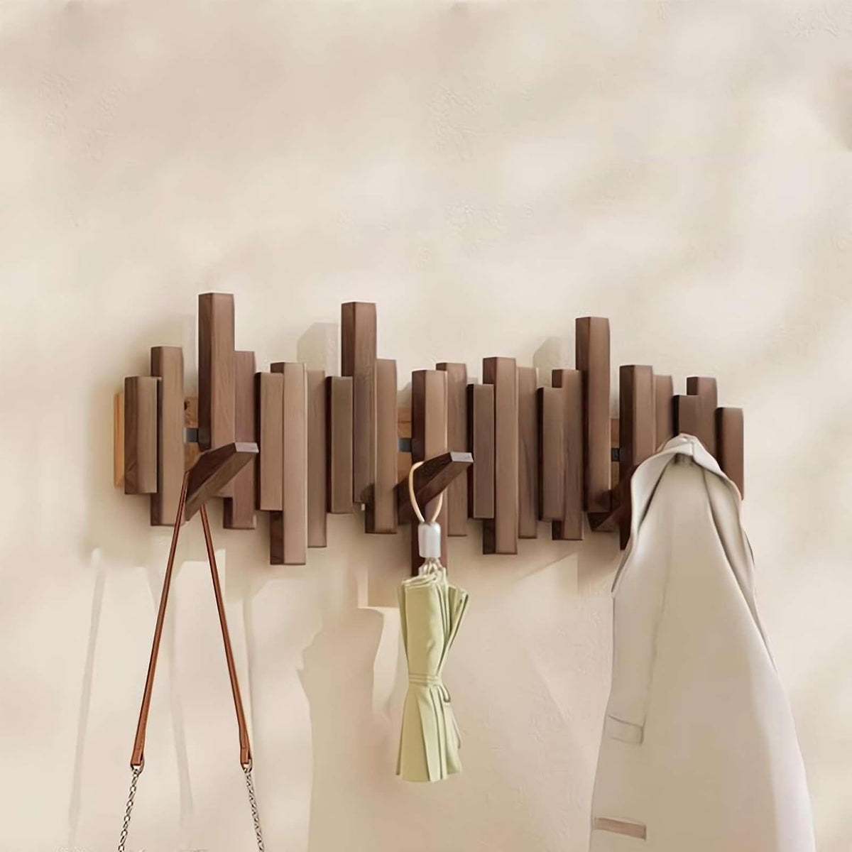Scandinavian Wooden Wall-Mounted Coat Rack with Magnetic Folding Hooks, 4 to 10 Hooks, Ash or Walnut