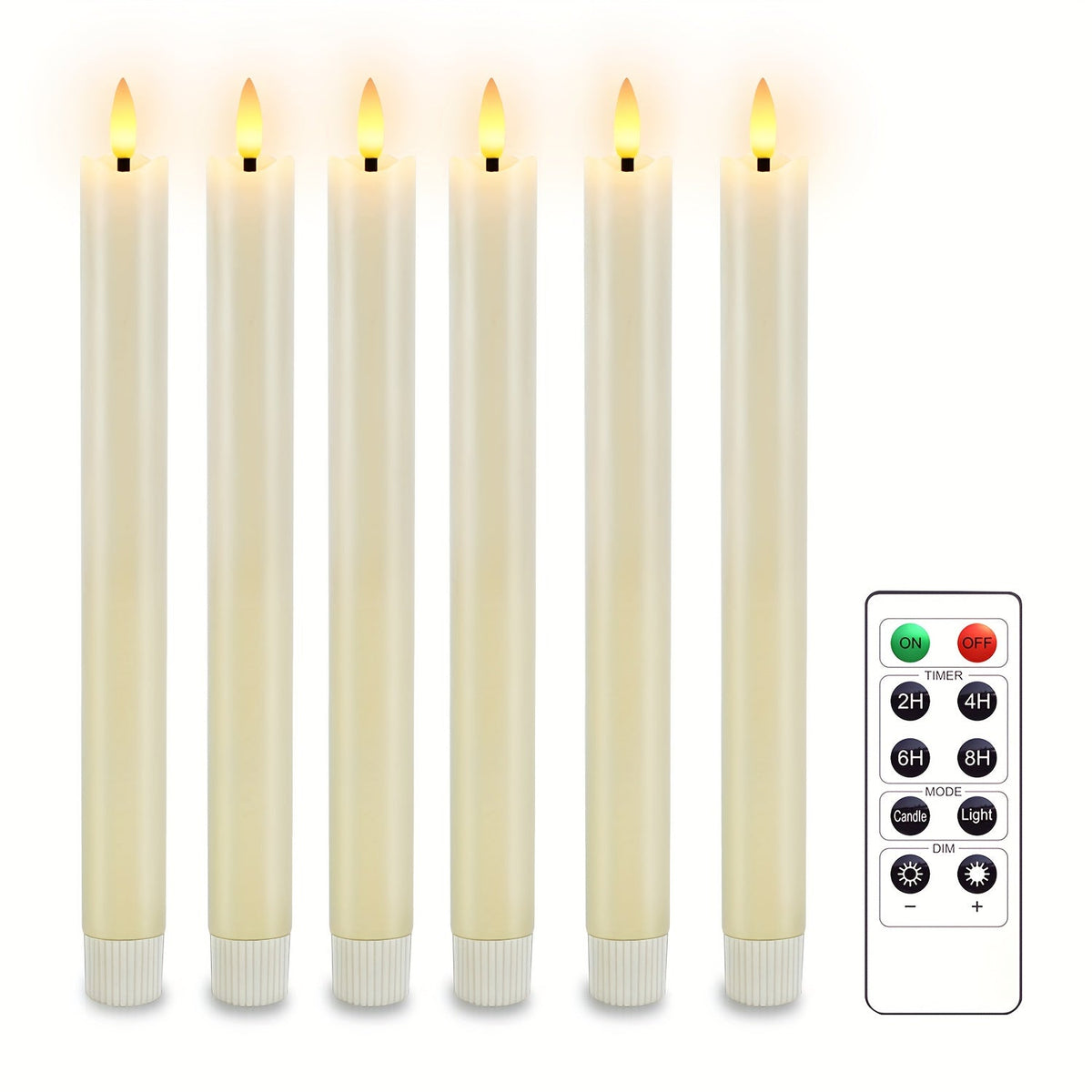 Set of 6 Flameless Real Wax Taper Candles with Remote Control - Ivory White LED Candles for Table and Wedding Decoration