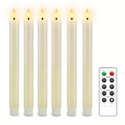 Set of 6 Flameless Real Wax Taper Candles with Remote Control - Ivory White LED Candles for Table and Wedding Decoration