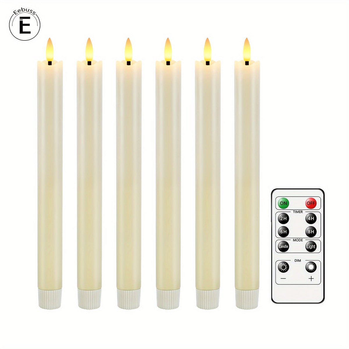 Set of 6 Flameless Real Wax Taper Candles with Remote Control - Ivory White LED Candles for Table and Wedding Decoration