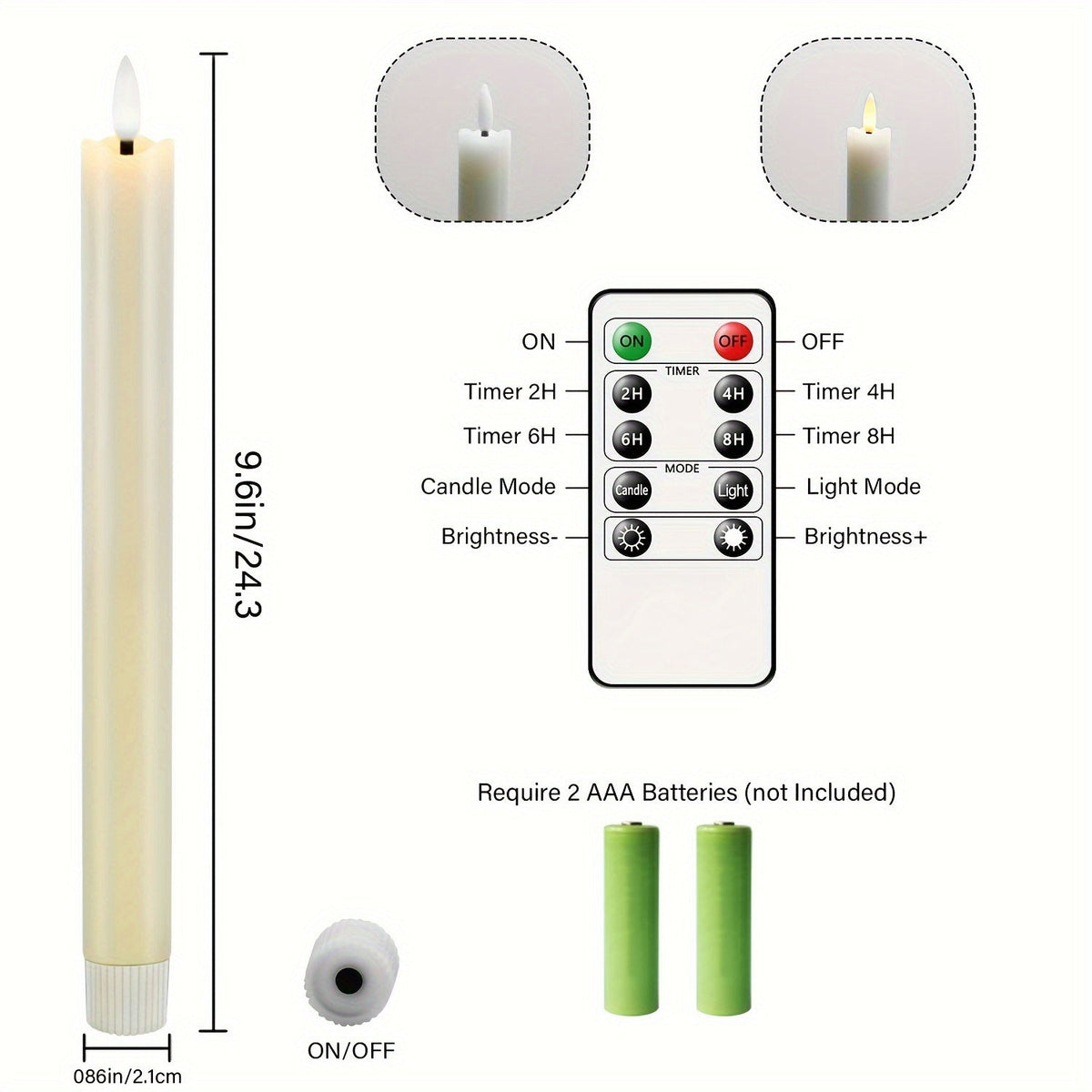 Set of 6 Flameless Real Wax Taper Candles with Remote Control - Ivory White LED Candles for Table and Wedding Decoration