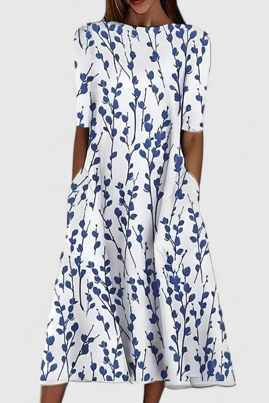 Short Sleeve Round Neck A-Line Midi Dress with Pockets