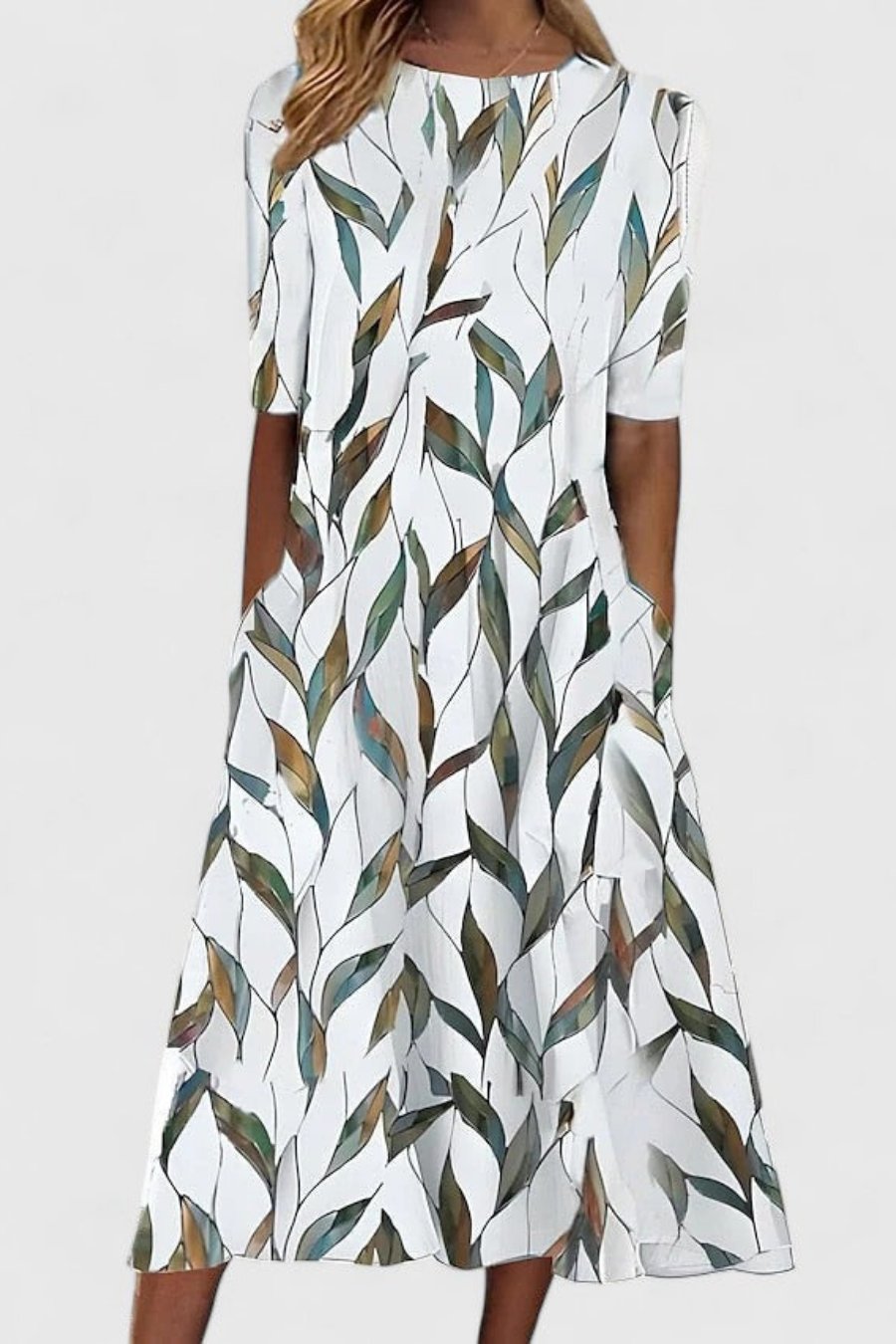Short Sleeve Round Neck A-Line Midi Dress with Pockets