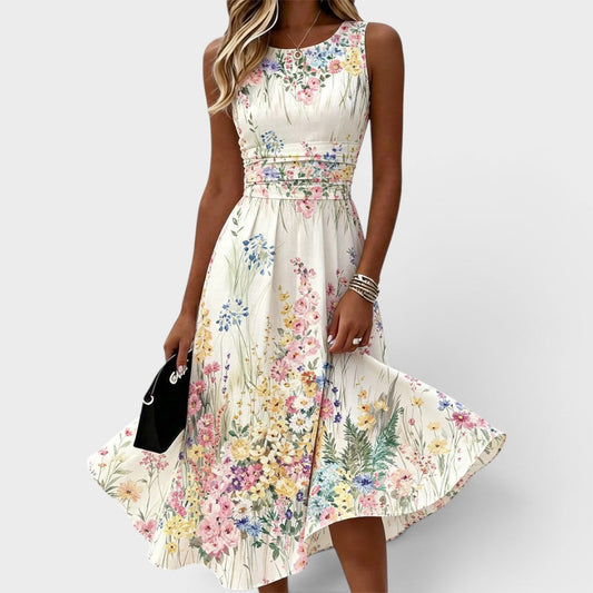 Sleeveless Watercolor Floral Midi Dress with Drawstring Waist for Wedding Guests