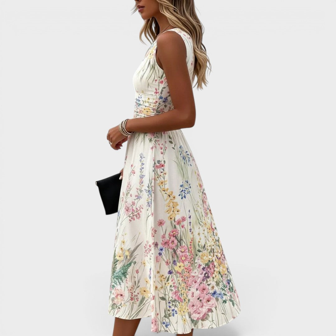 Sleeveless Watercolor Floral Midi Dress with Drawstring Waist for Wedding Guests