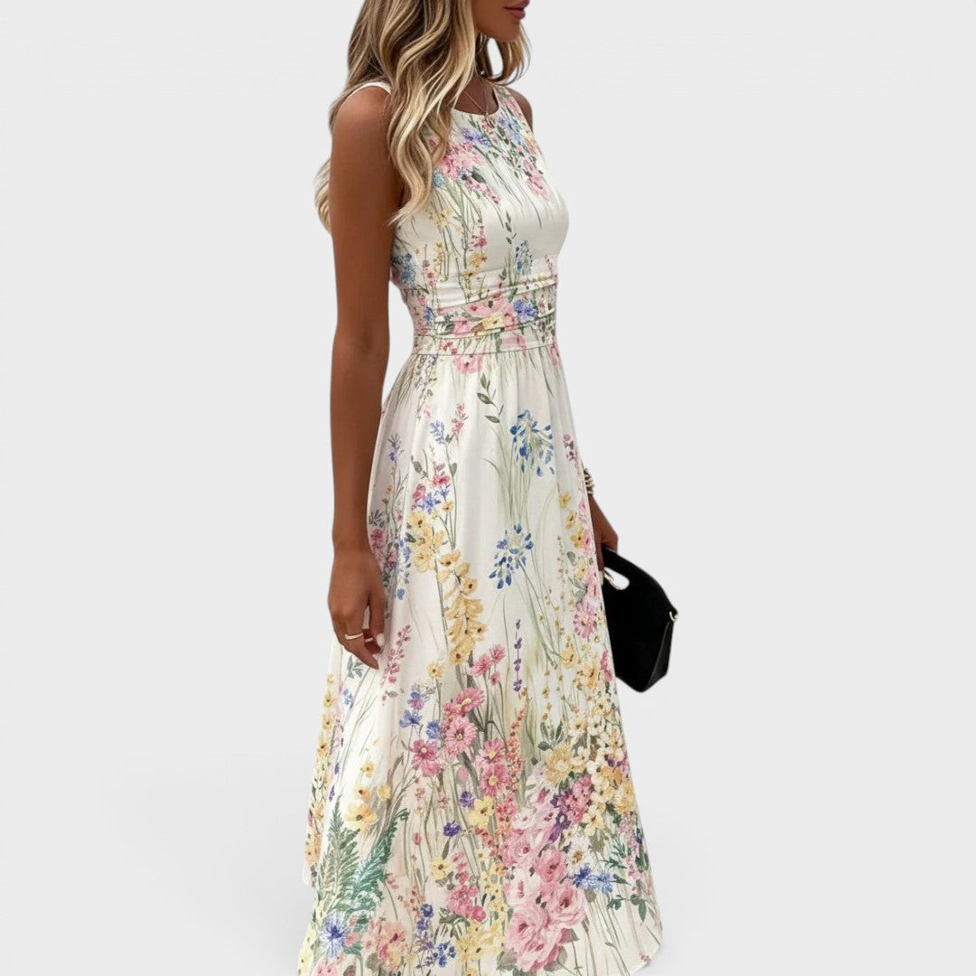 Sleeveless Watercolor Floral Midi Dress with Drawstring Waist for Wedding Guests