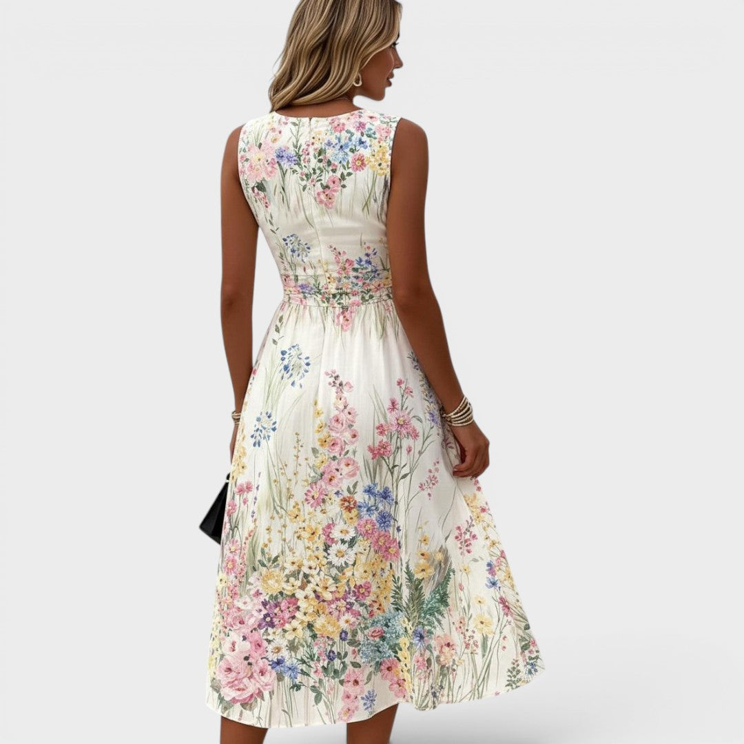 Sleeveless Watercolor Floral Midi Dress with Drawstring Waist for Wedding Guests