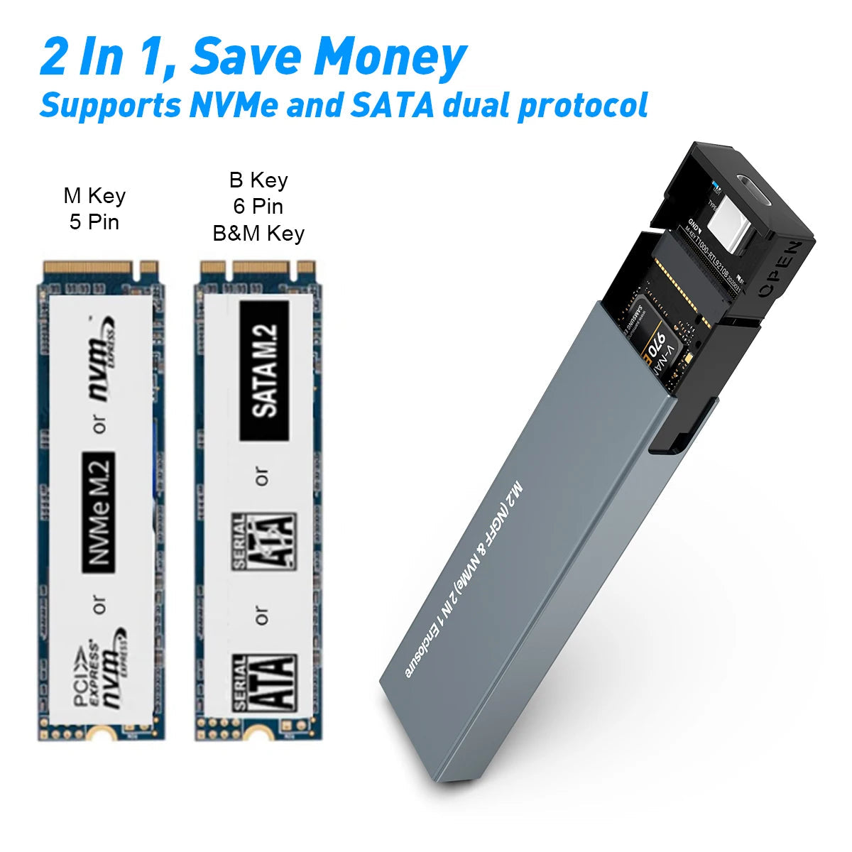 Slim NVMe and SATA SSD Enclosure - USB-C 10Gbps Speed
