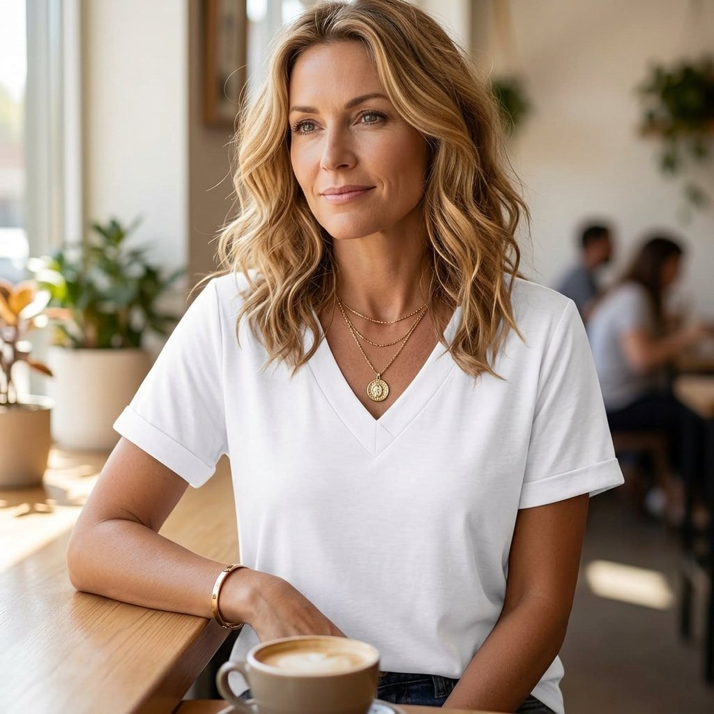 Soft V-Neck T-Shirt with Rolled Cuffs
