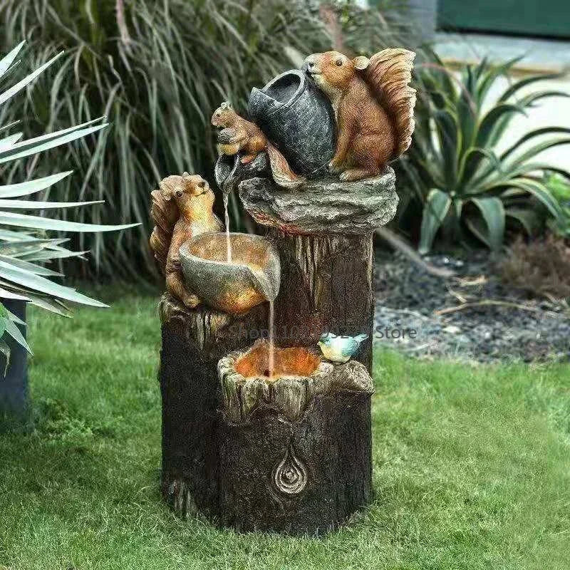 Solar Decorative Duck & Squirrel Water Fountain - Weatherproof Resin Garden Figurine with LED Light for Patio & Balcony
