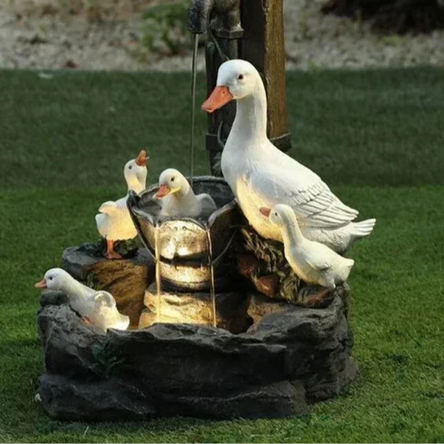 Solar Decorative Fountain Duck & Squirrel | Garden Figurine with LED Light | Weatherproof Resin for Patio & Balcony