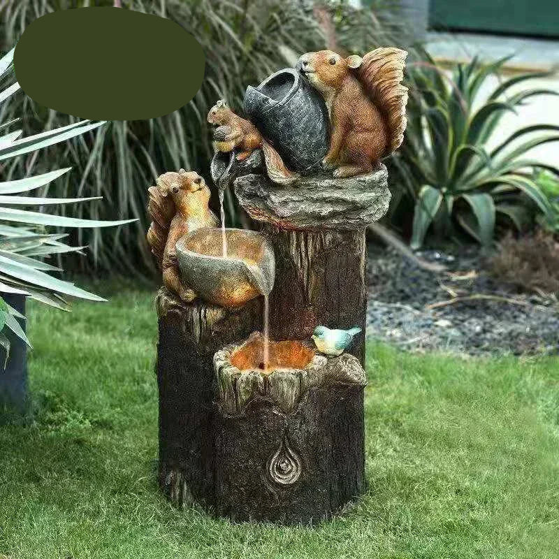 Solar Decorative Fountain Duck & Squirrel | Garden Figurine with LED Light | Weatherproof Resin for Patio & Balcony