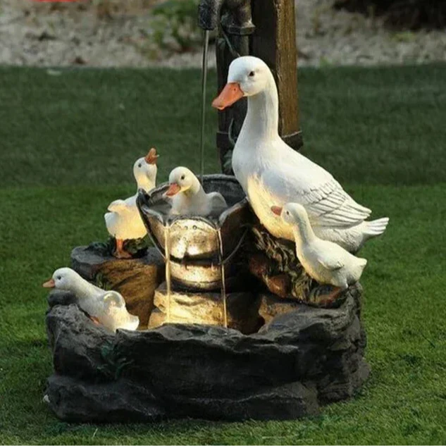 Solar Decorative Fountain Duck & Squirrel | Garden Figurine with LED Light | Weatherproof Resin for Patio & Balcony
