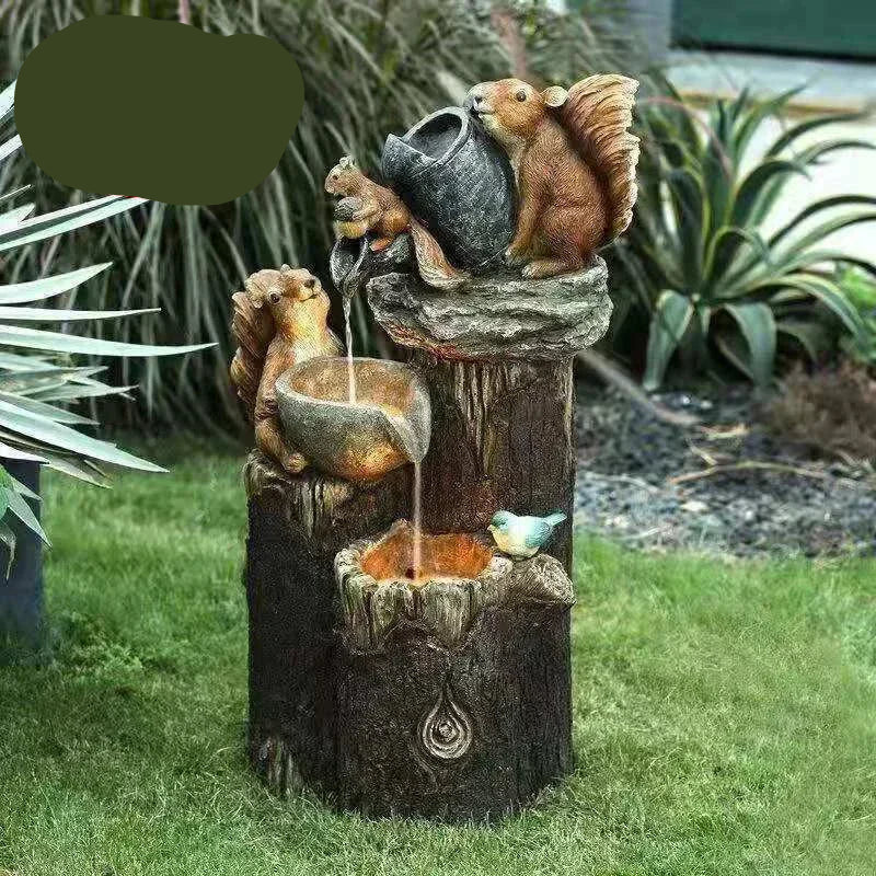 Solar Decorative Fountain Duck & Squirrel | Garden Figurine with LED Light | Weatherproof Resin for Patio & Balcony