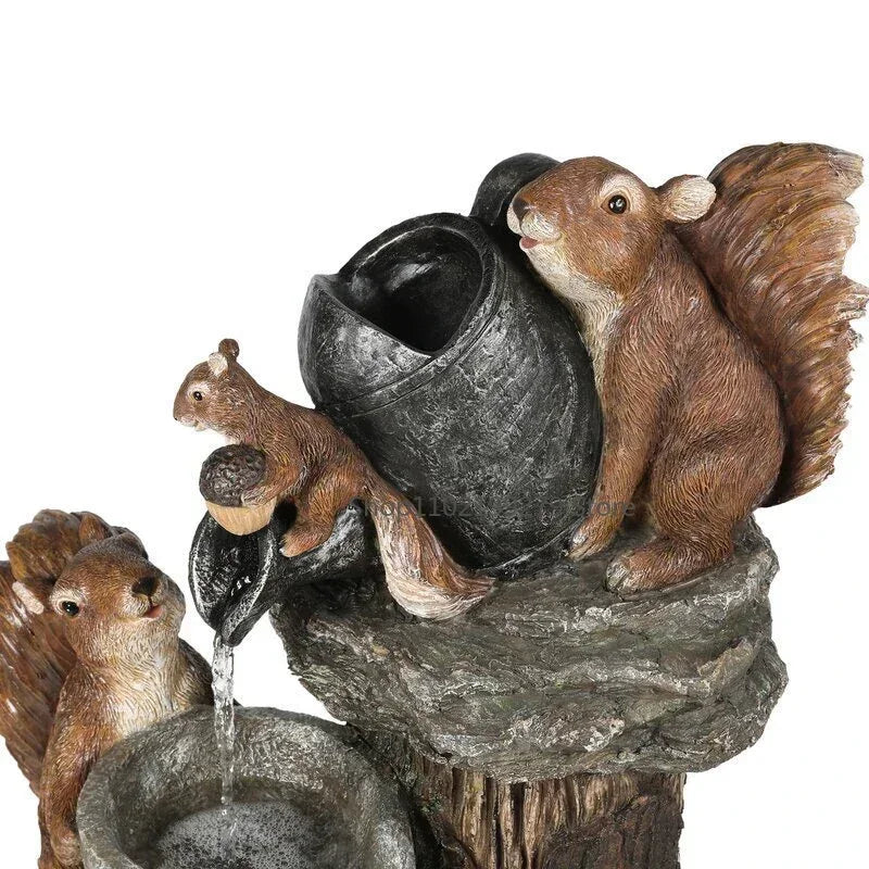 Solar Decorative Fountain Duck & Squirrel | Garden Figurine with LED Light | Weatherproof Resin for Patio & Balcony