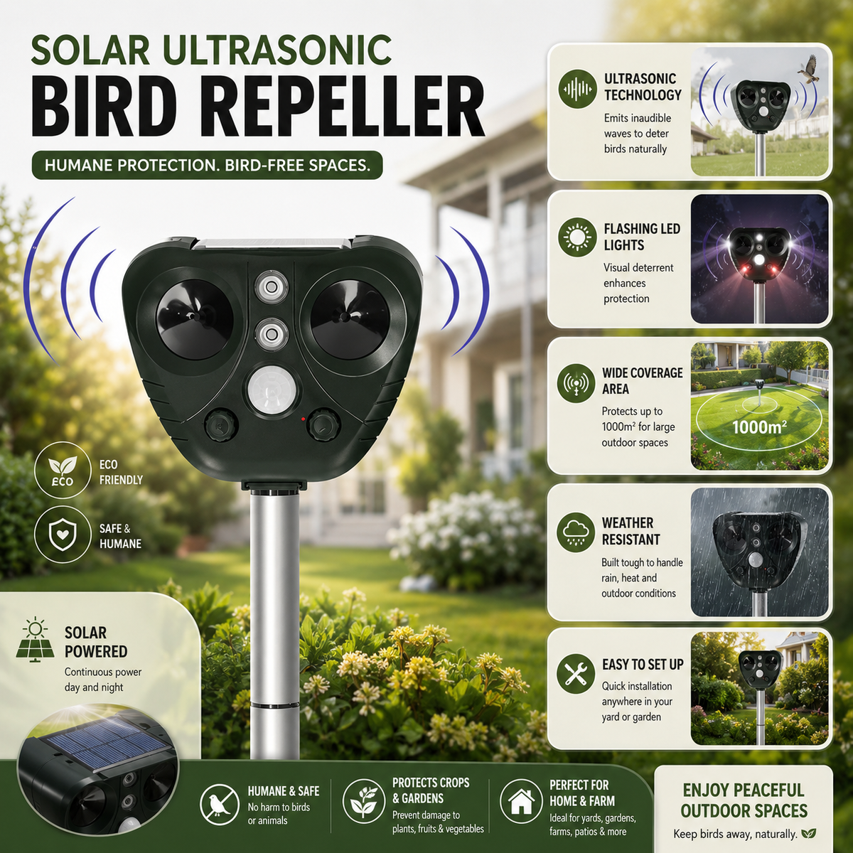 Solar Ultrasonic Bird Repeller | IP44 Garden Bird Deterrent