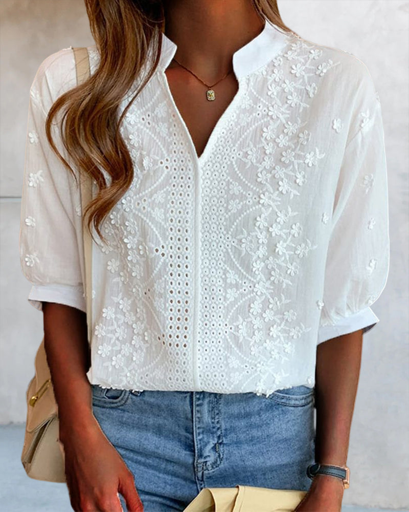 Solid Color V-Neck Short Sleeve Blouse