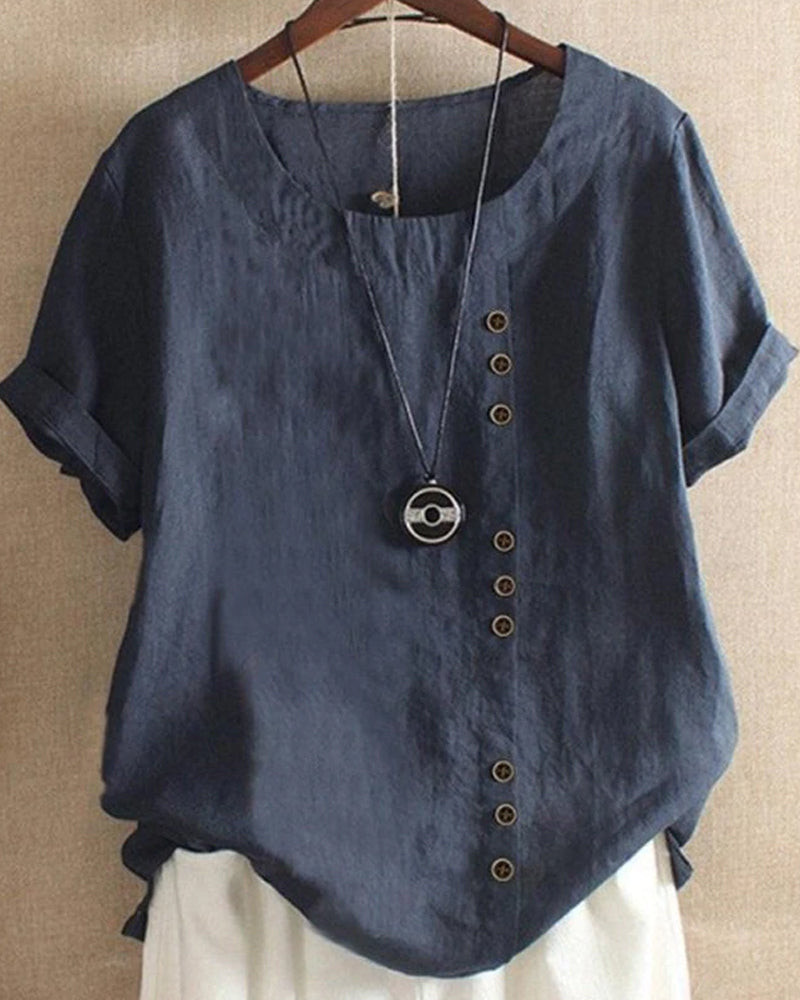 Solid Short-Sleeve Round Neck Blouse