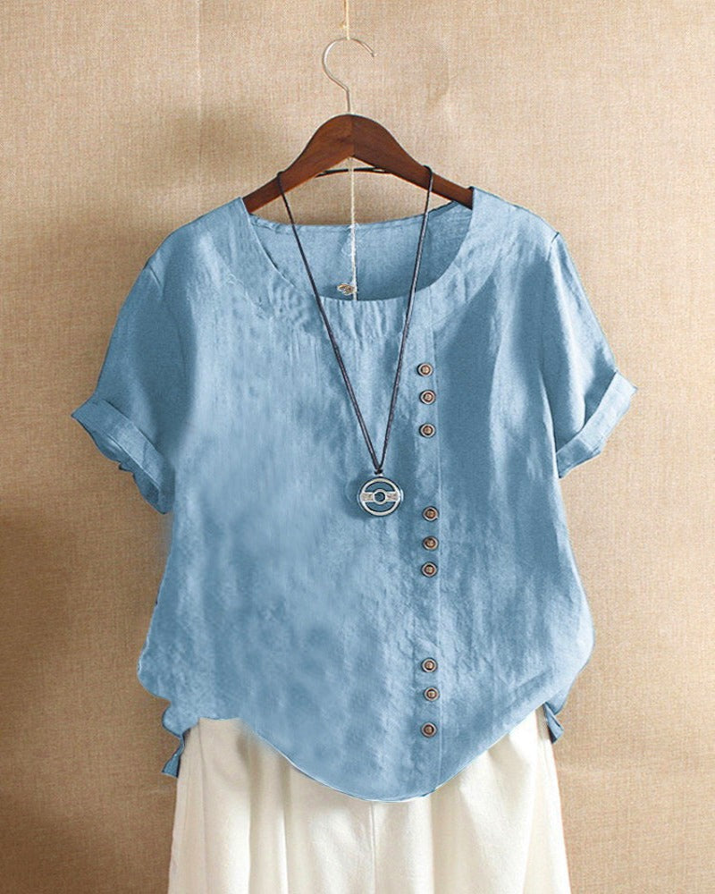 Solid Short-Sleeve Round Neck Blouse