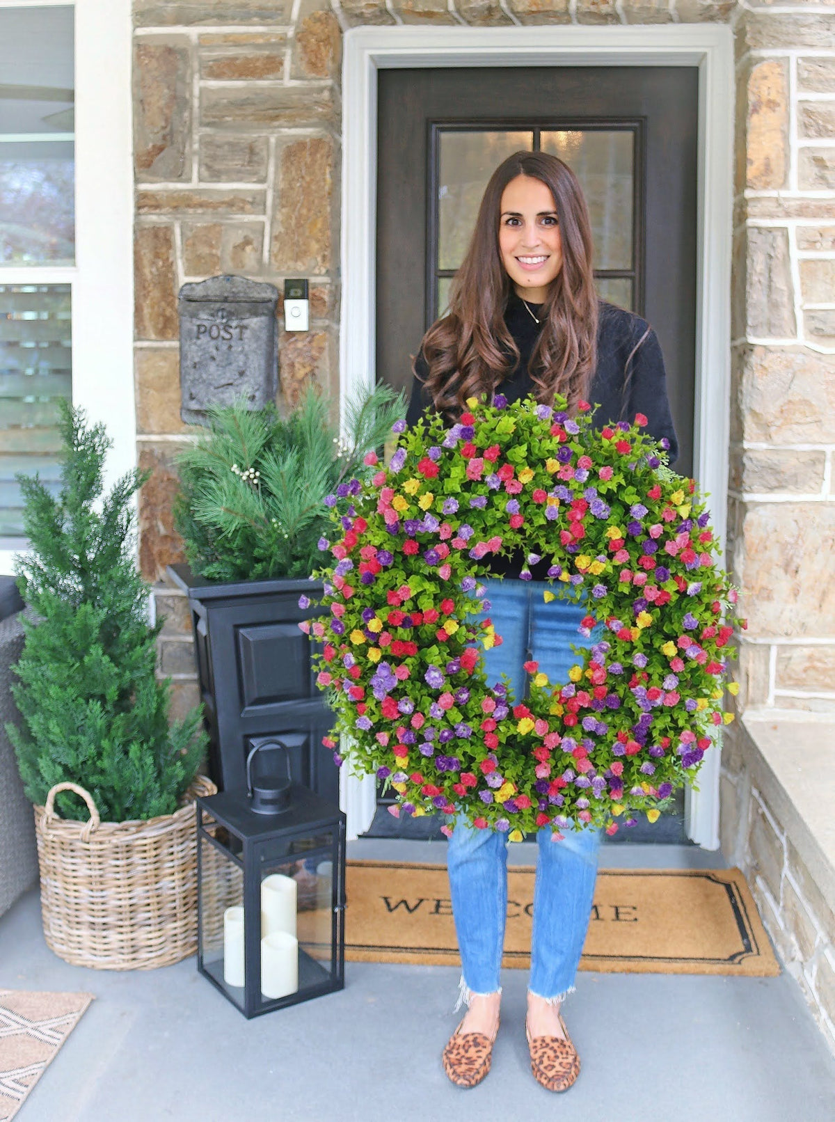 Spring & Summer Front Door Wreath - Handmade Floral Grapevine Accent