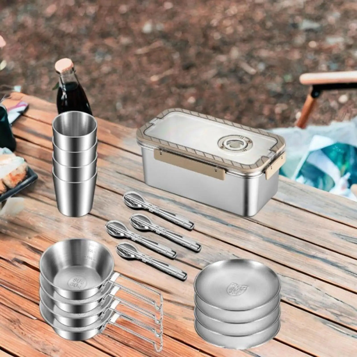 Stainless Steel Camping Tableware Set with Storage Box