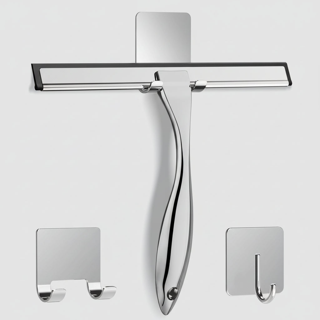 Stainless Steel Shower Squeegee with Silicone Blade and Adhesive Hooks – Ergonomic Design for Streak-Free Cleaning