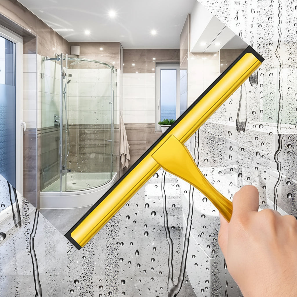 Stainless Steel Shower Squeegee with Silicone Blade and Adhesive Hooks – Ergonomic Design for Streak-Free Cleaning