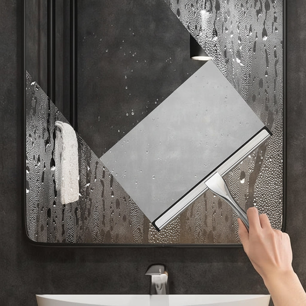 Stainless Steel Shower Squeegee with Silicone Blade and Adhesive Hooks – Ergonomic Design for Streak-Free Cleaning