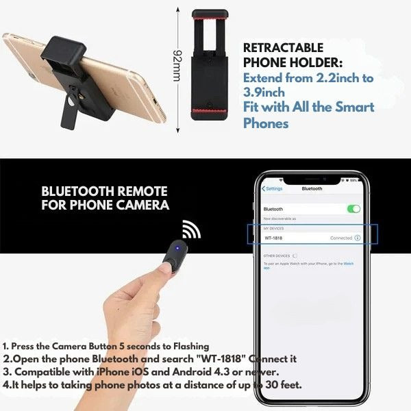 Telescopic Phone Tripod with Bluetooth Remote Shutter – Universal Selfie Stick and Stand
