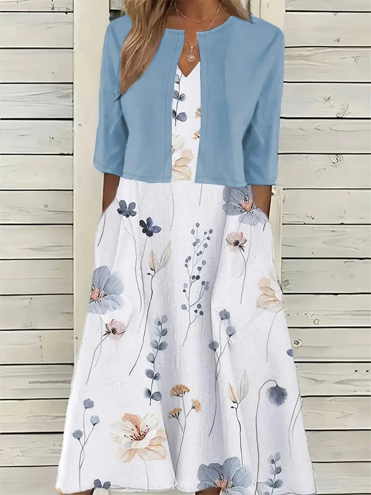 Two-Piece Floral Dress Set with Solid Crop Top and Round Neck Dress