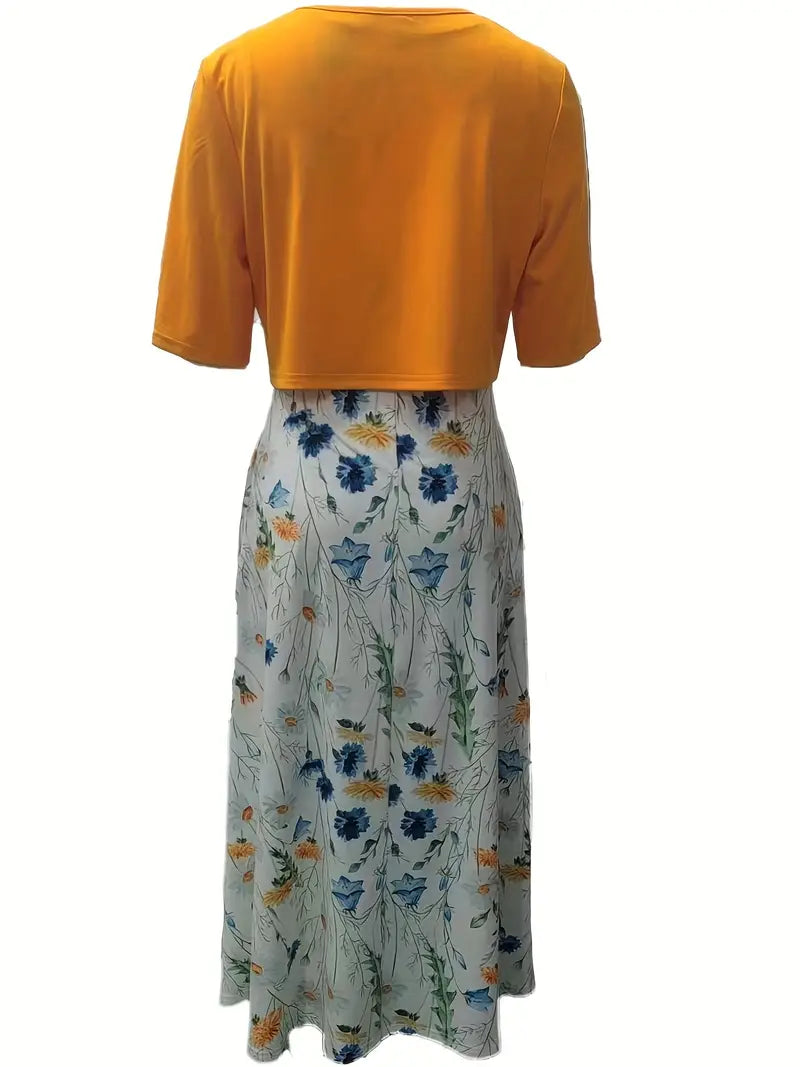 Two-Piece Floral Dress Set with Solid Crop Top and Round Neck Dress