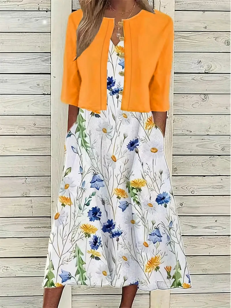 Two-Piece Floral Dress Set with Solid Crop Top and Round Neck Dress