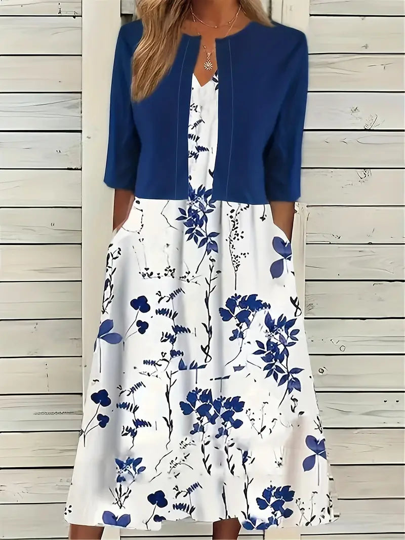 Two-Piece Floral Dress Set with Solid Crop Top and Round Neck Dress