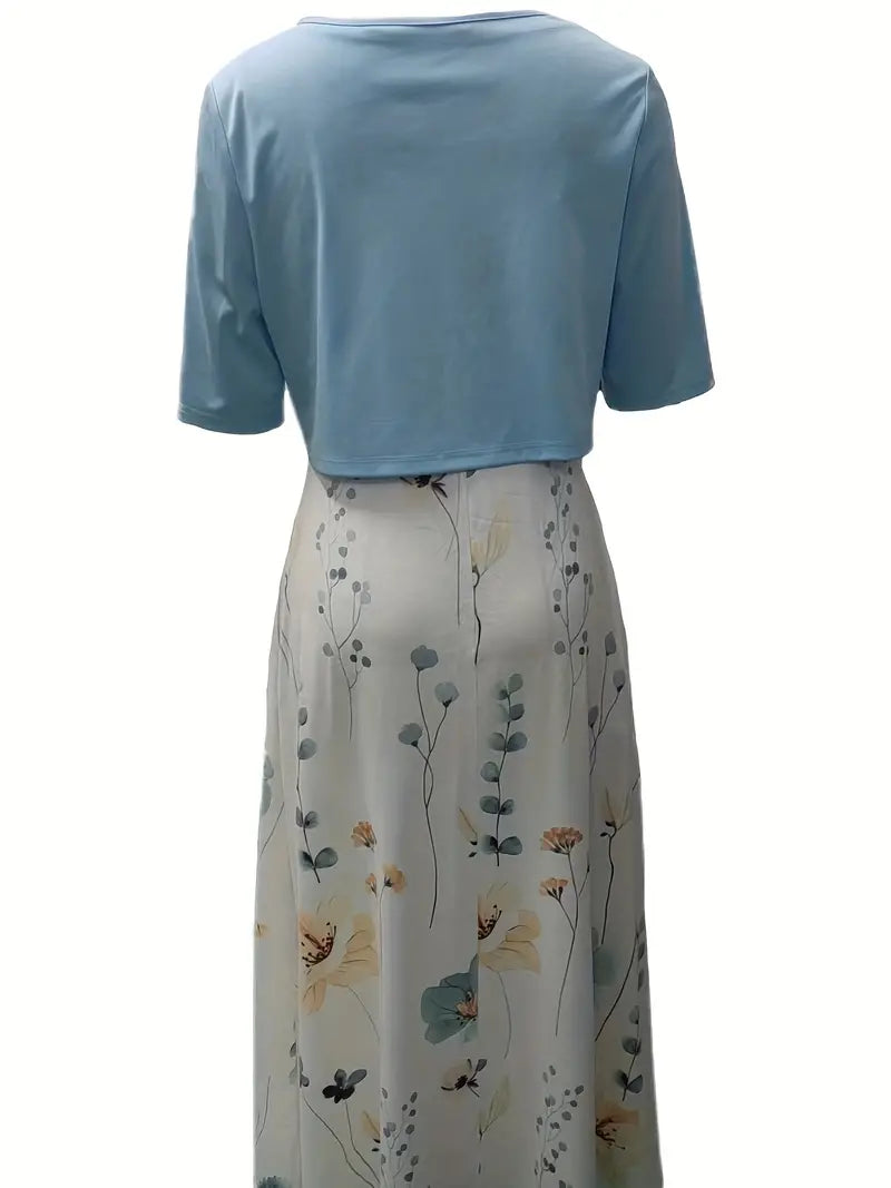 Two-Piece Floral Dress Set with Solid Crop Top and Round Neck Dress
