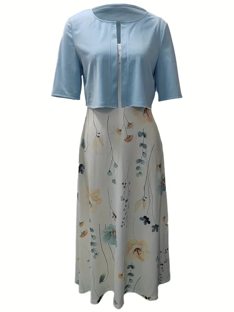 Two-Piece Floral Dress Set with Solid Crop Top and Round Neck Dress