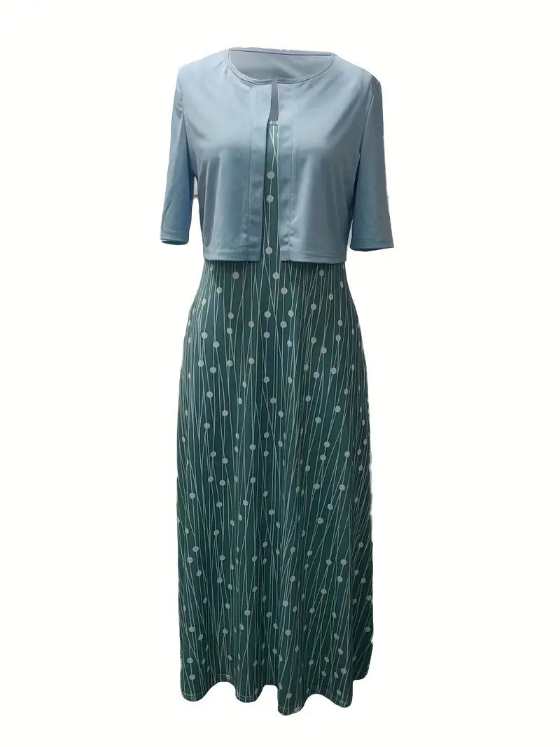 Two-Piece Floral Dress Set with Solid Crop Top and Round Neck Dress