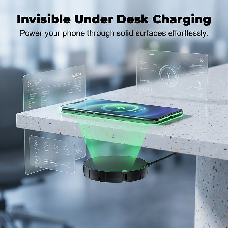 Under-Desk Wireless Charging Station with Invisible Mounting - Penetrates Wood and Stone