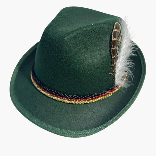 Unisex Bavarian Hat with Feather and Braided Cord