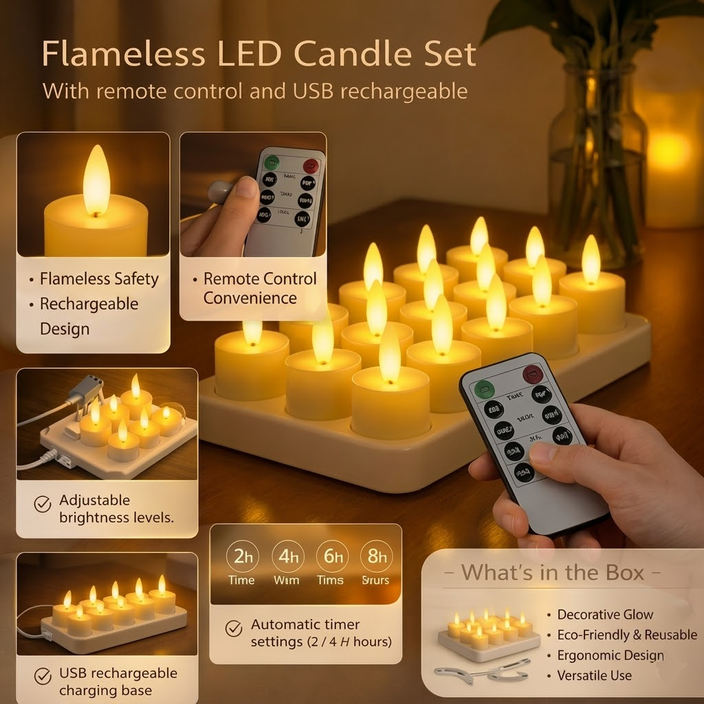 USB Rechargeable Flameless LED Candle Set with Remote Control and Timer