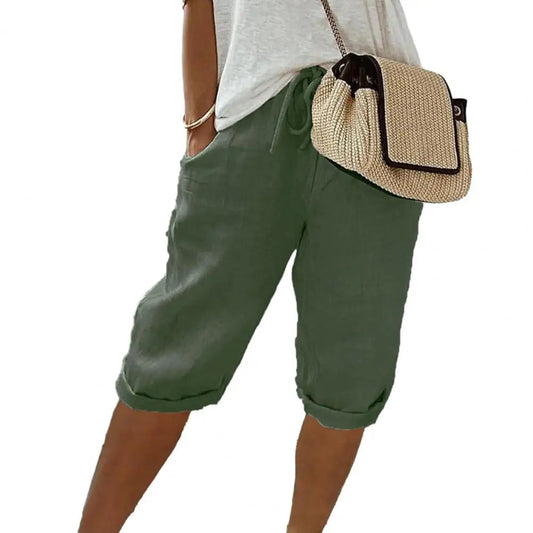 Vintage Knee-Length Pants with Elastic Waist and Pockets